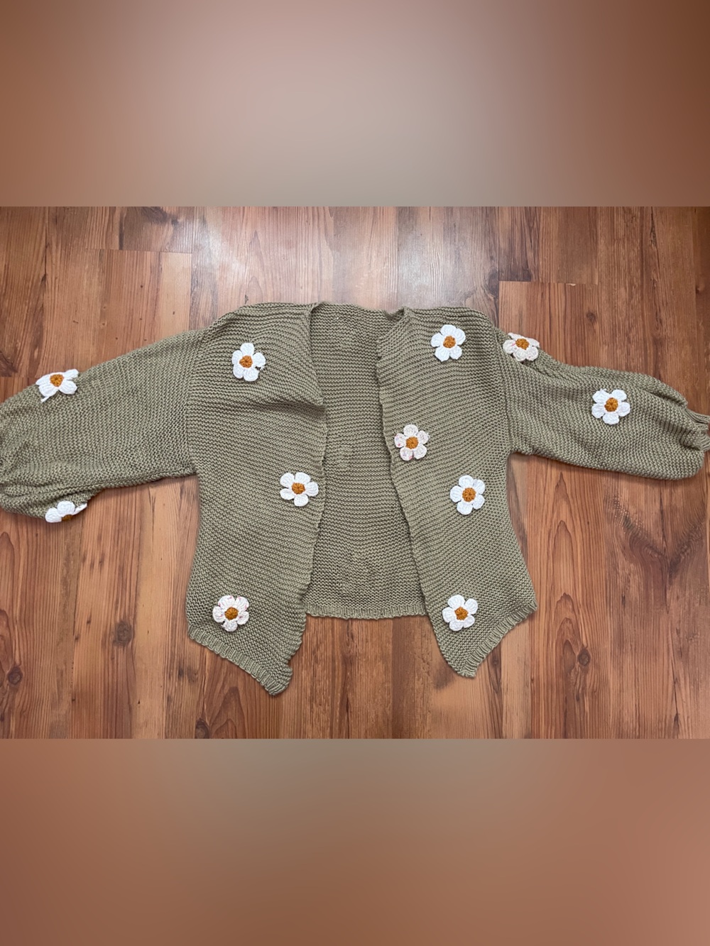 Homemade Olive Green Daisy Appliqué Knit Cardigan Sweater